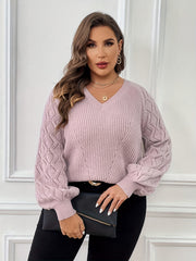  Solid Argyle Pattern Lantern Sleeve V Neck Sweater