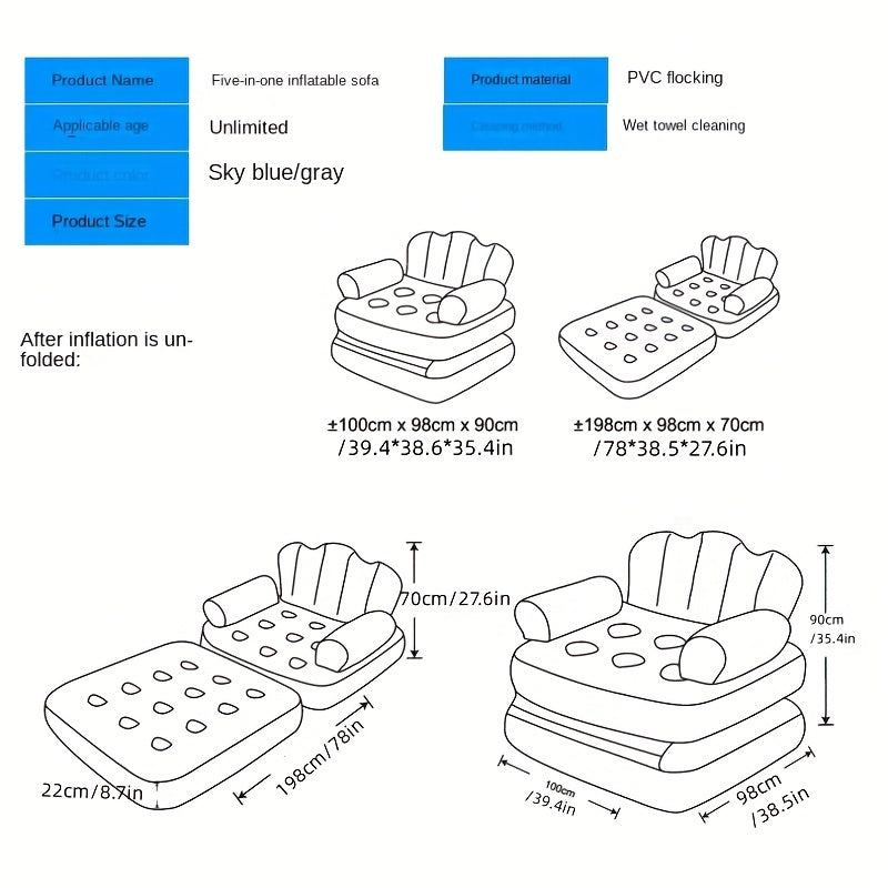 5-in-1 Inflatable Sofa Outdoor Adult Lazy Sofa & Bed