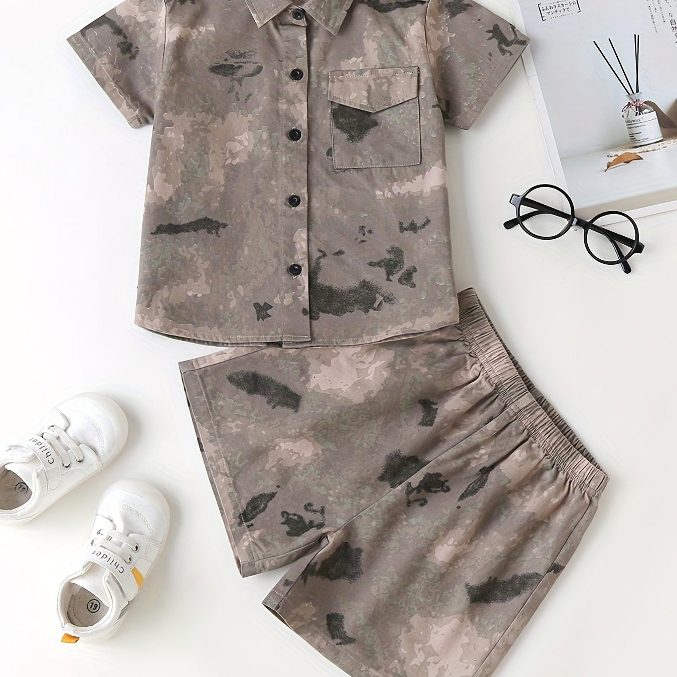 Boys Camouflage Outfit Short Sleeves Shirt & Shorts Kids Summer Clothes Sets