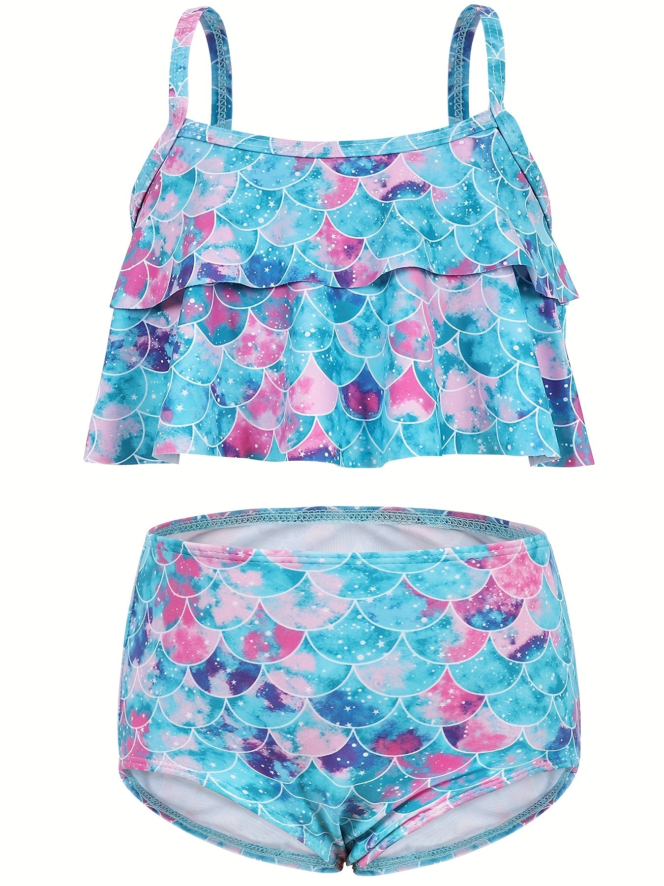 2pcs Toddler Girls Ruffle Trim Fish Scales Top Bikini Swimsuit