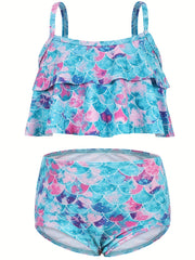 2pcs Toddler Girls Ruffle Trim Fish Scales Top Bikini Swimsuit