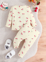 Toddler Girl Cherry Print 2 Piece Set Round Neck Long Sleeve & Trousers