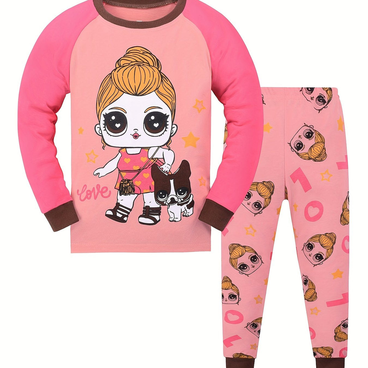 Kid's 2pcs Pajamas Long Sleeve Top & Pants Set Cartoon Girl LOVE Print