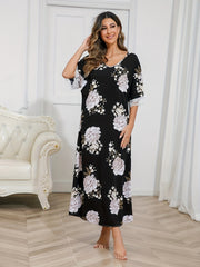 Floral Print Lounge Dress with Lace Trim Short Sleeves