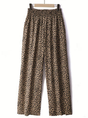  Heart Print Shirred Waist Wide Leg Trousers