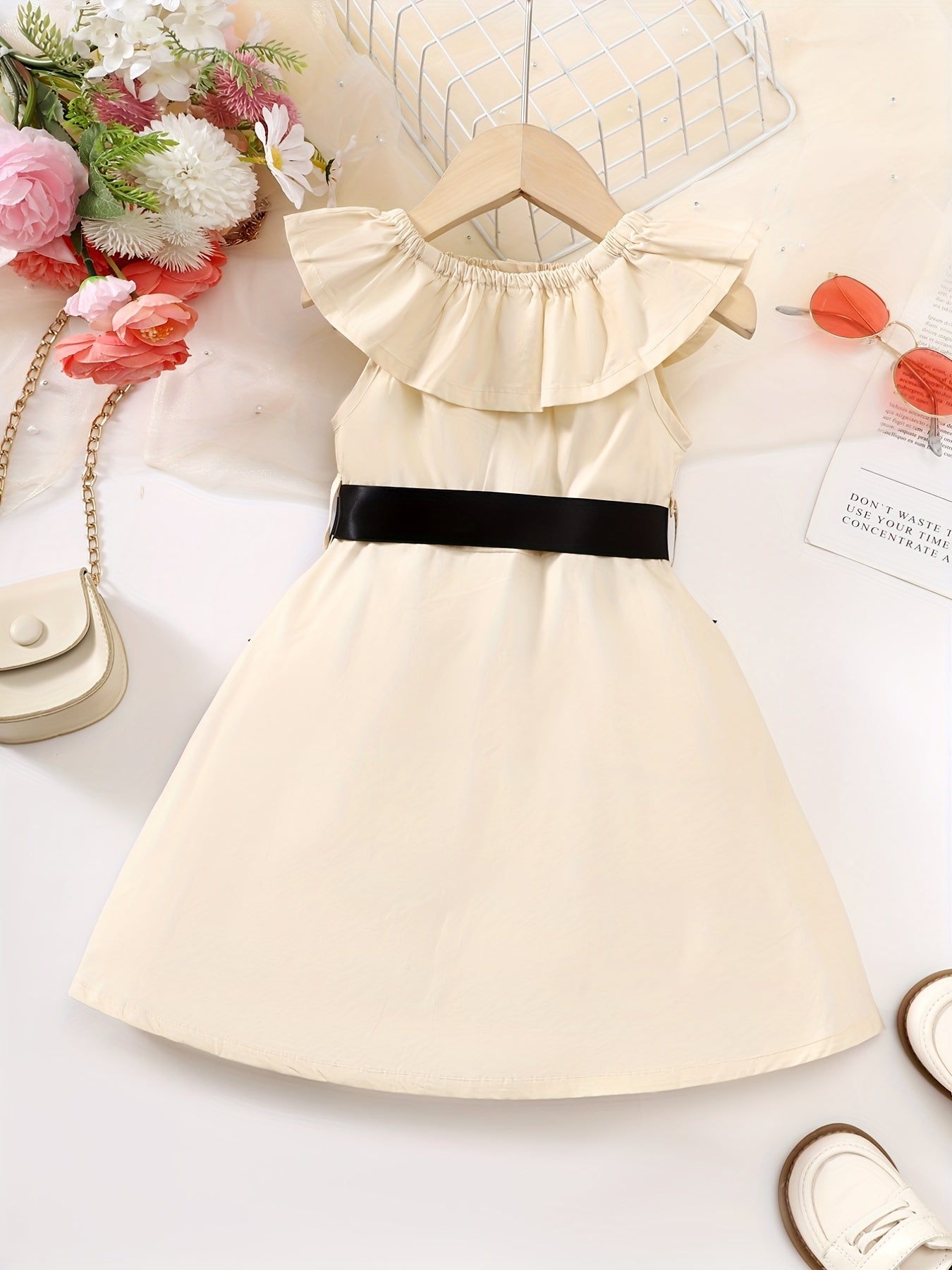 Girls Sleeveless Doll Collar Dress Bow Waistband Front Button Flared Dress