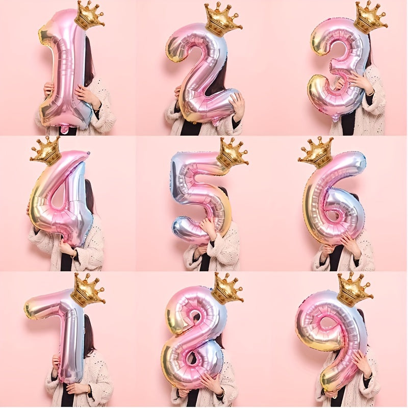 2pcs 32in Foil Gradient Number Balloons + Crown Balloon Set - Party Decor
