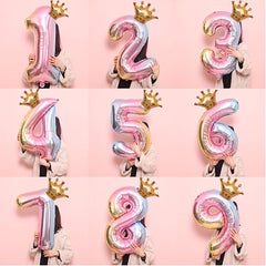 2pcs 32in Foil Gradient Number Balloons + Crown Balloon Set - Party Decor