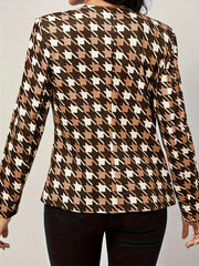  Houndstooth Print Long Sleeve Open Front Blazer