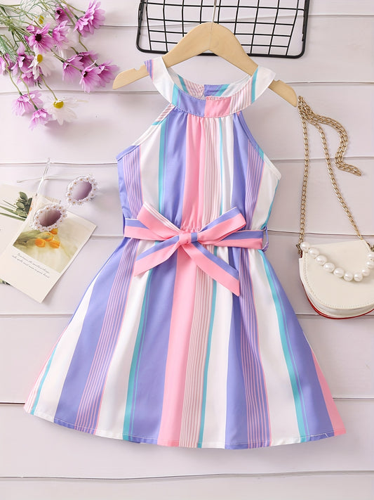Toddler Girls Striped Sleeveless Belted Princess Dress for Party Beach Vacation