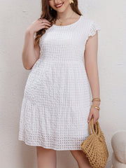 Plus Size Casual Dress Women's Solid Grid Ruffle Sleeve Round Neck Smock Dress
