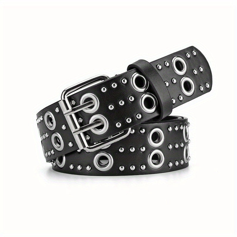Double Pin Buckle Rivet Belt Hollow Out PU Leather Punk Jeans Pants Belt