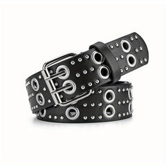 Double Pin Buckle Rivet Belt Hollow Out PU Leather Punk Jeans Pants Belt