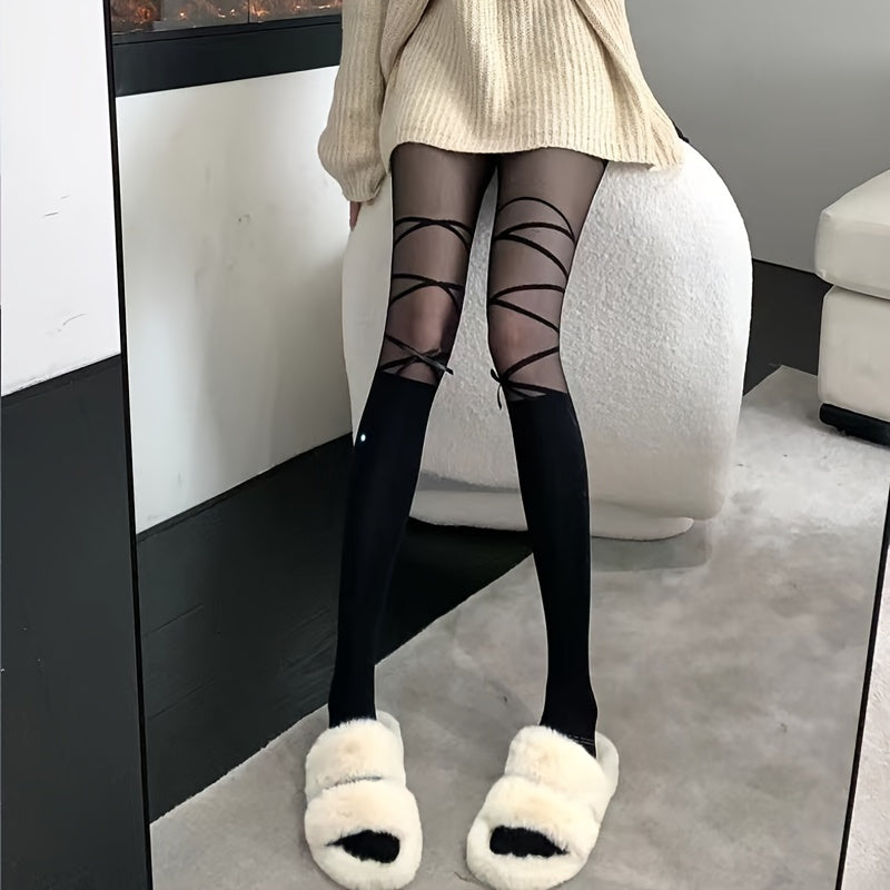 Criss Cross Pattern Tights High Waist Semi sheer