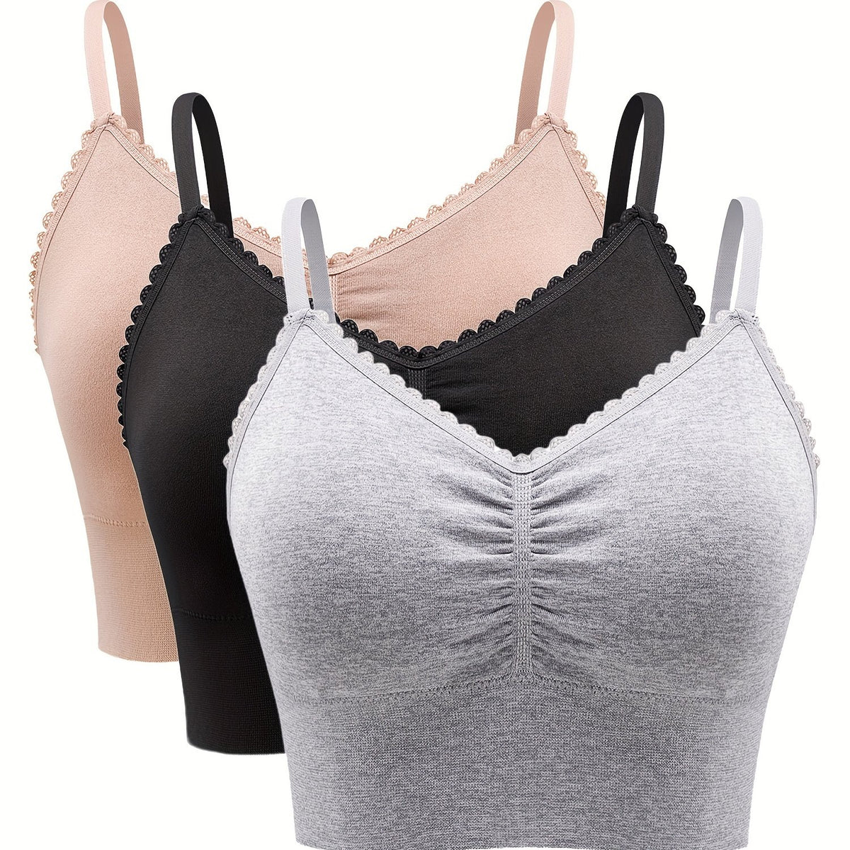  Casual Bra Set Women's Solid Ruched Bralette Three Piece Set