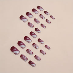 24Pcs Short Square Purple Press On Nails with Geometric Lines Designs