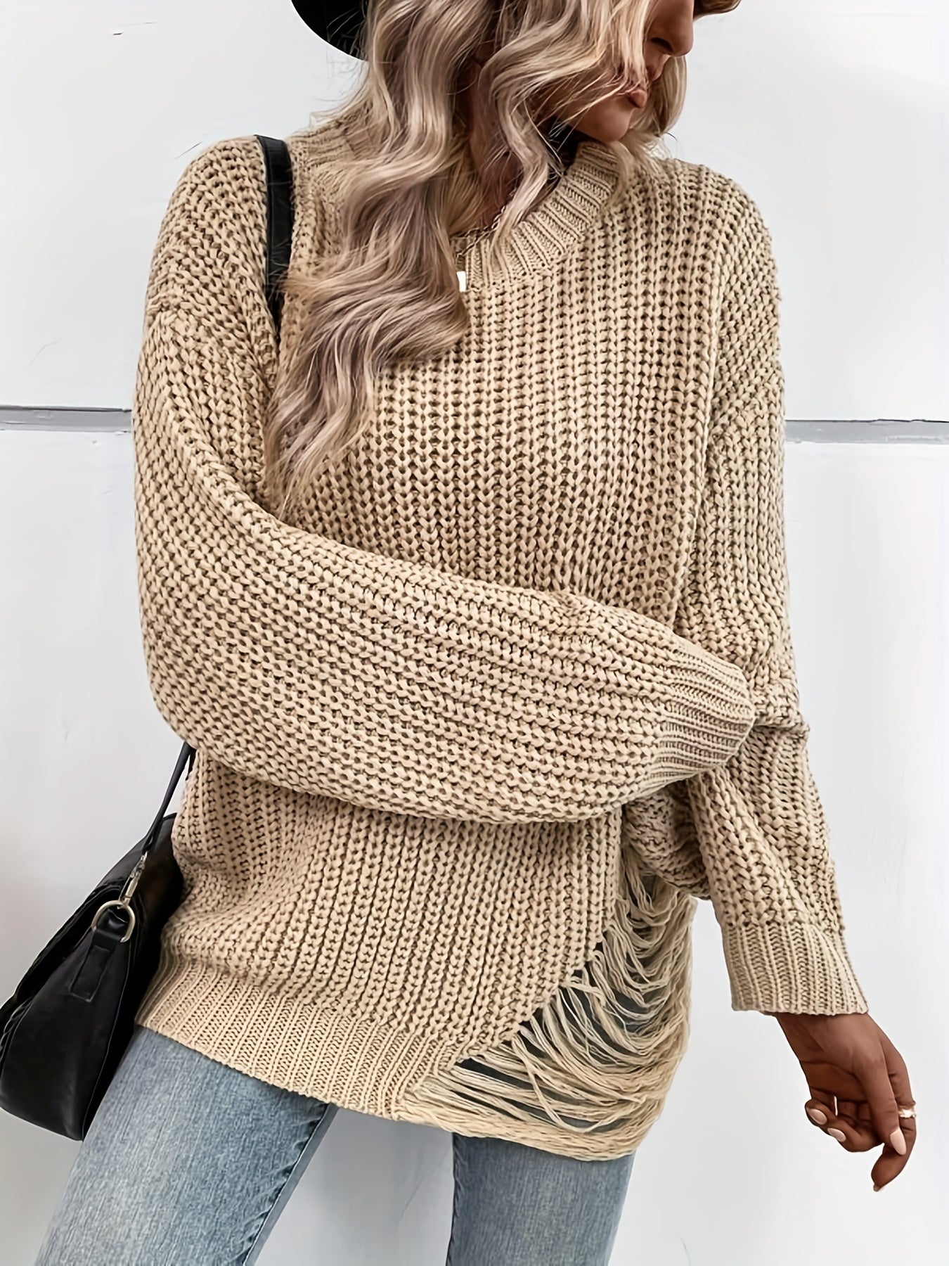  Solid Ripped Long Sleeve Round Neck Jumper