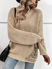  Solid Ripped Long Sleeve Round Neck Jumper