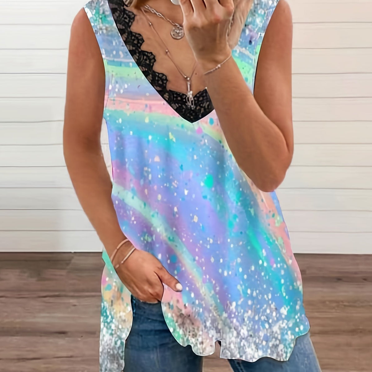  Casual Tank Top Women's Plus Painting Print Contrast Lace Trim V Neck