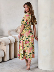 Floral Print Bubble Sleeve Maxi Belted Dress