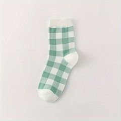 Cat & Plaid Print Socks Women's Mid Tube Stockings