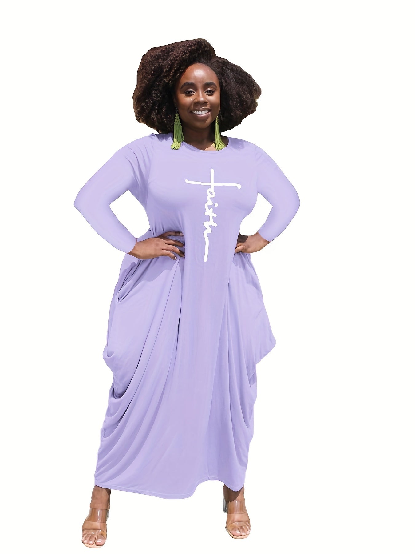 Women's Plus Cross Letter Print Maxi Dress With Pockets