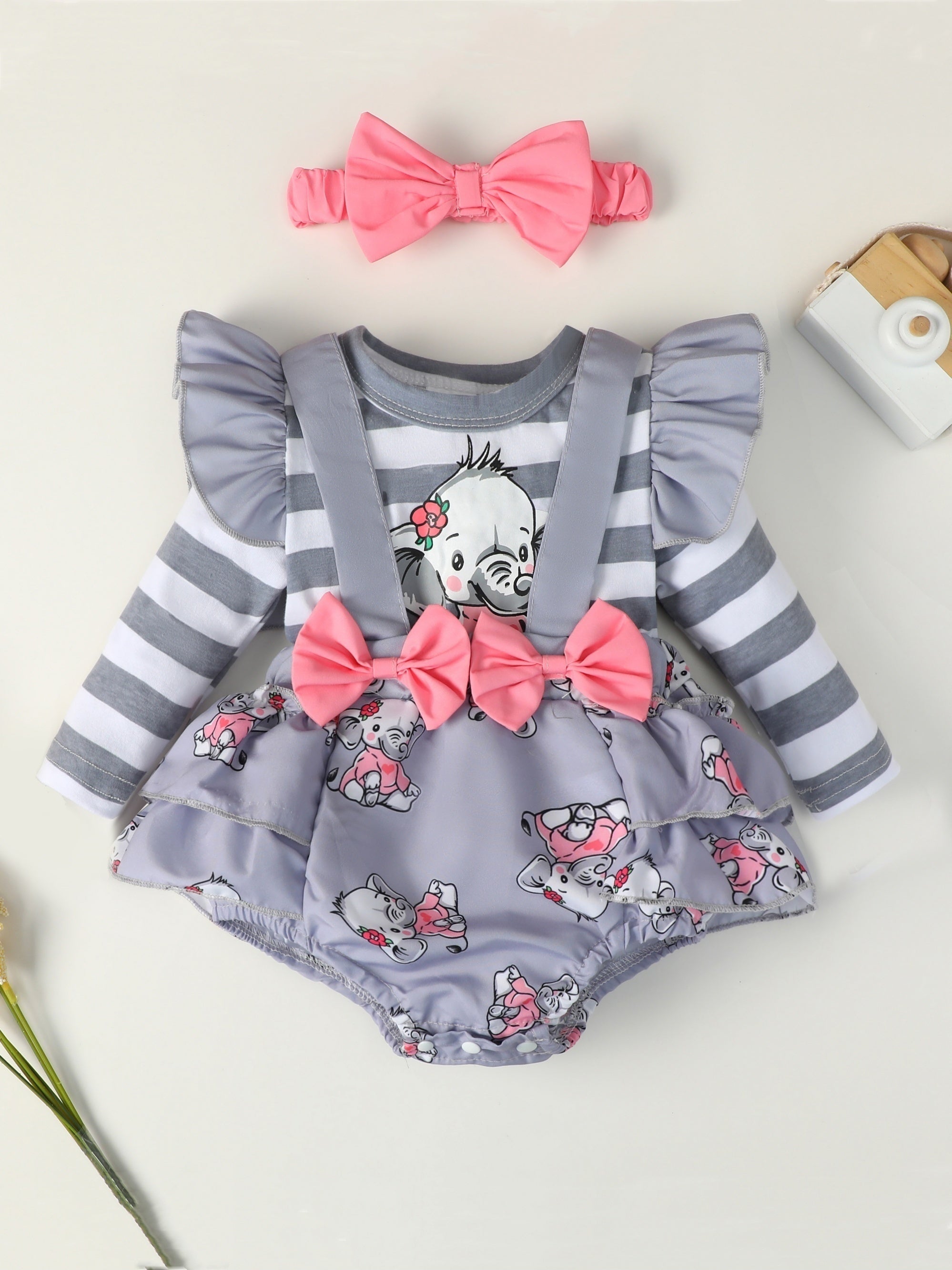 2pcs Baby Girls Elephant Fly Sleeve Onesie & Headband Set