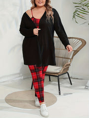  Plaid Crop Cami Top & Tie Pants & Cardigan Set
