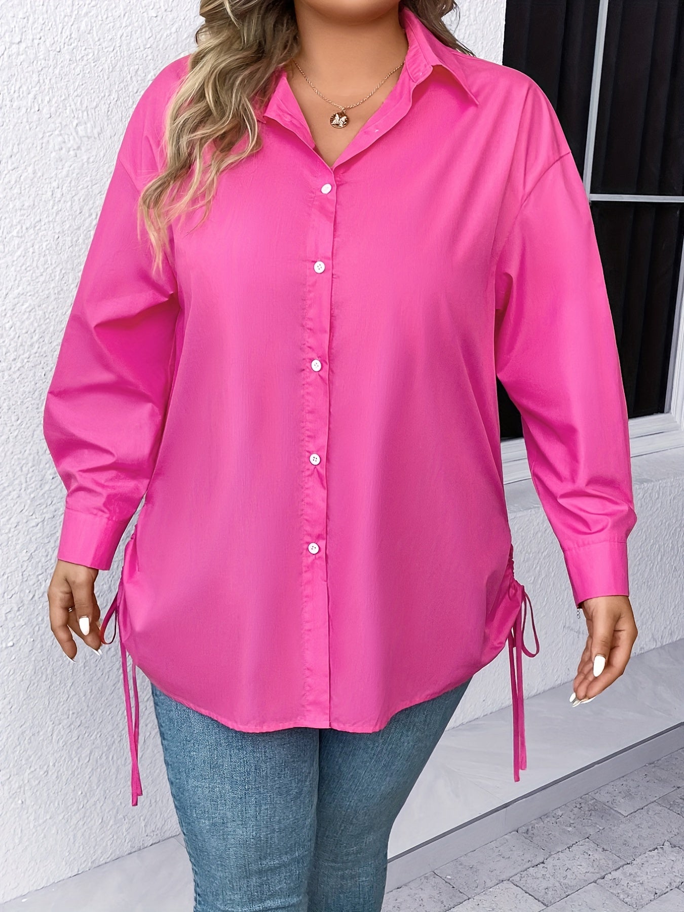  Solid Long Sleeve Button Up Blouse