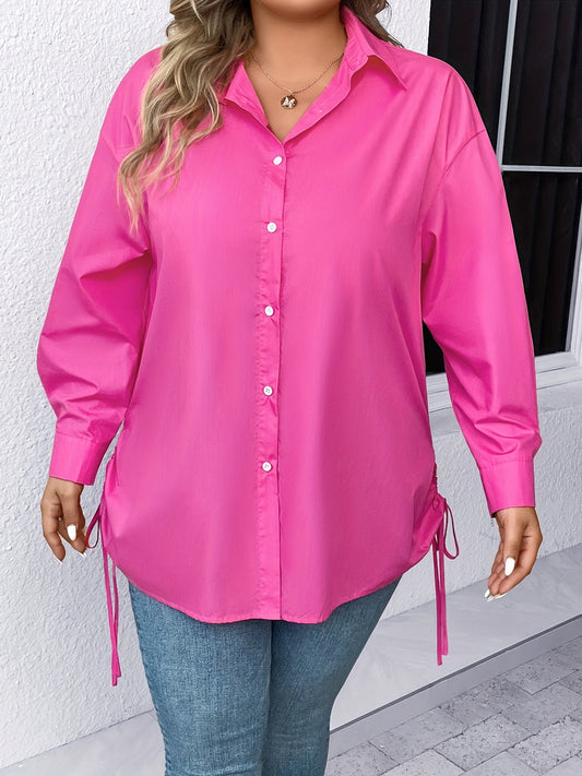  Solid Long Sleeve Button Up Blouse