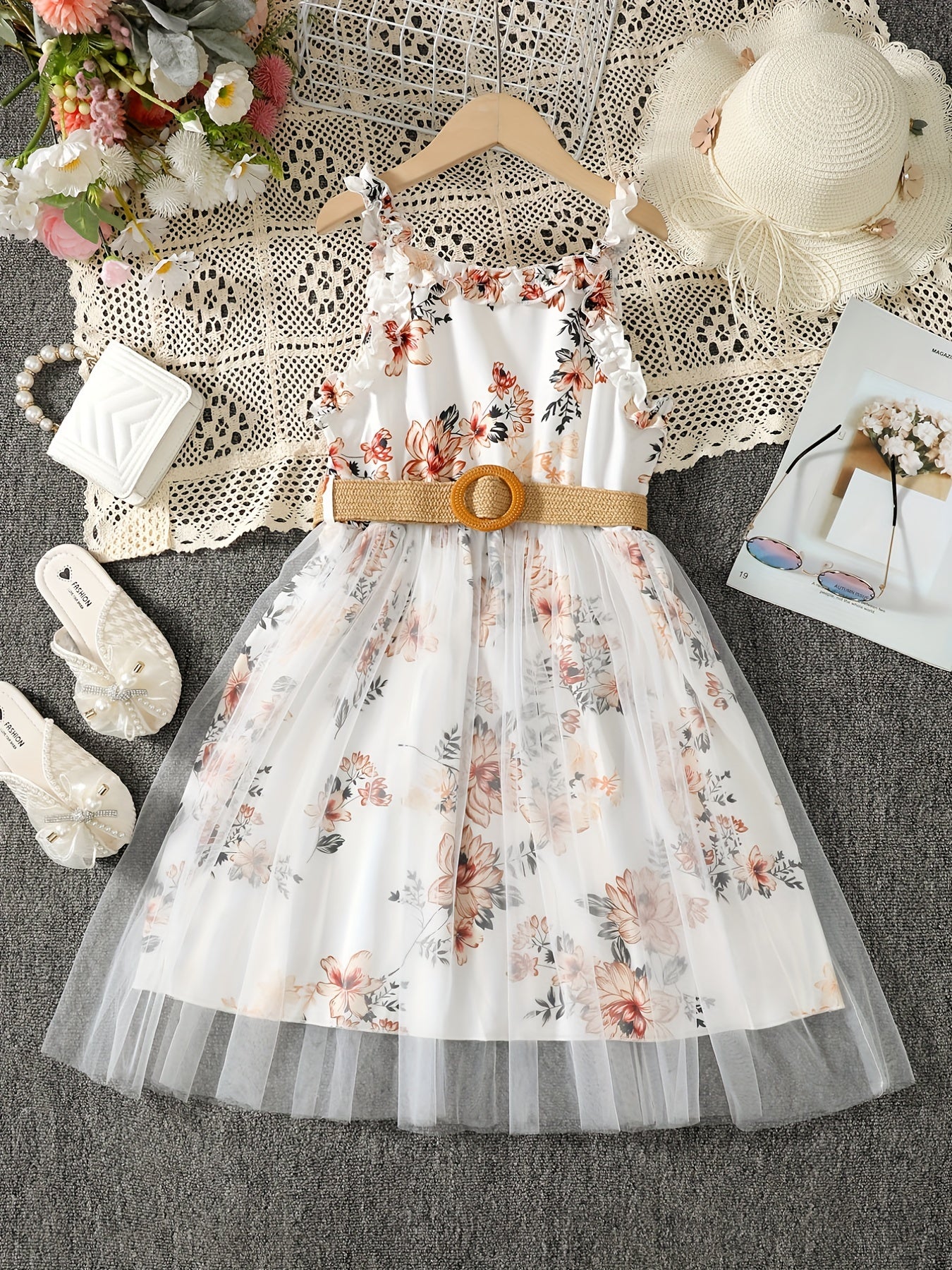 Girls Floral Print Mesh Tulle Cami Dress with Belt