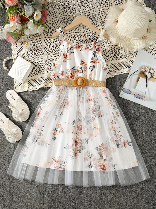 Girls Floral Print Mesh Tulle Cami Dress with Belt