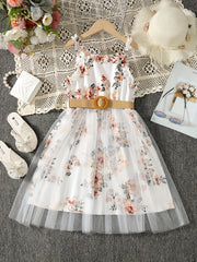 Girls Floral Print Mesh Tulle Cami Dress with Belt