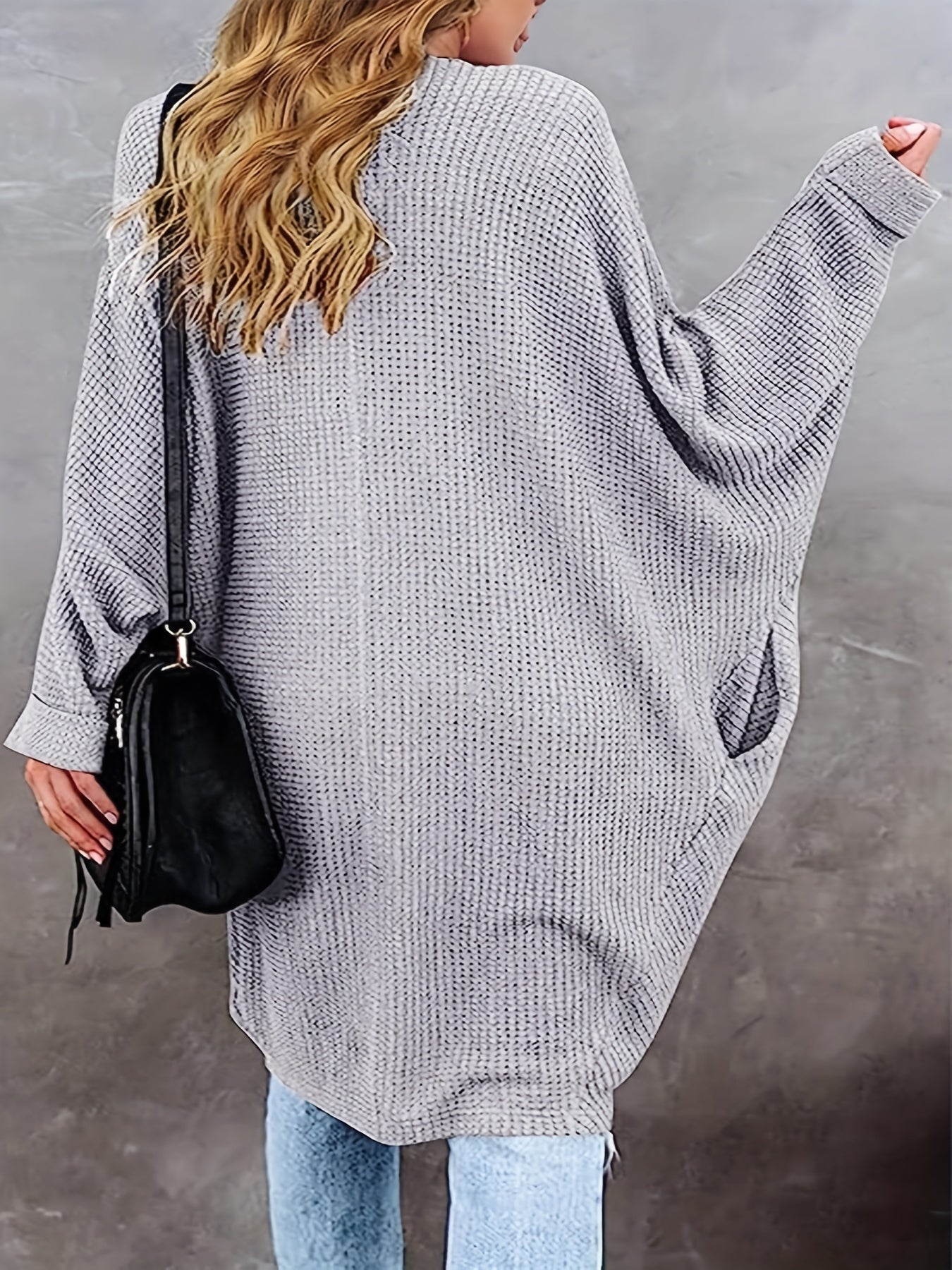  Waffle Knit Bat Sleeve Open Front Sweater Cardigan