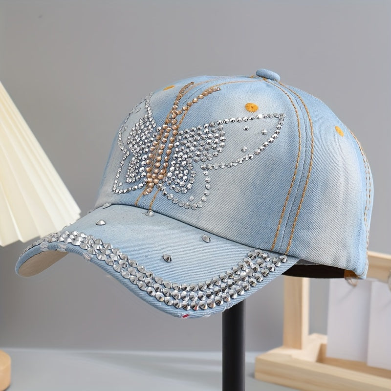 Y2K Rhinestone Baseball Cap Bling Butterfly Hat Sunscreen Hats