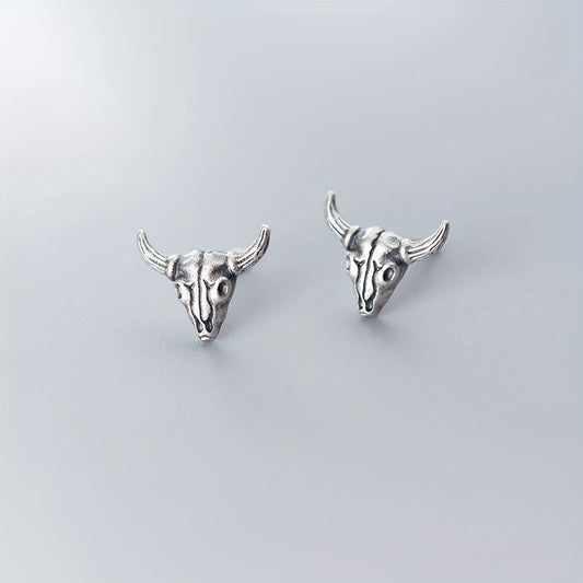 Silver Gray Goat Skull Stud Earrings Punk Alloy Earrings
