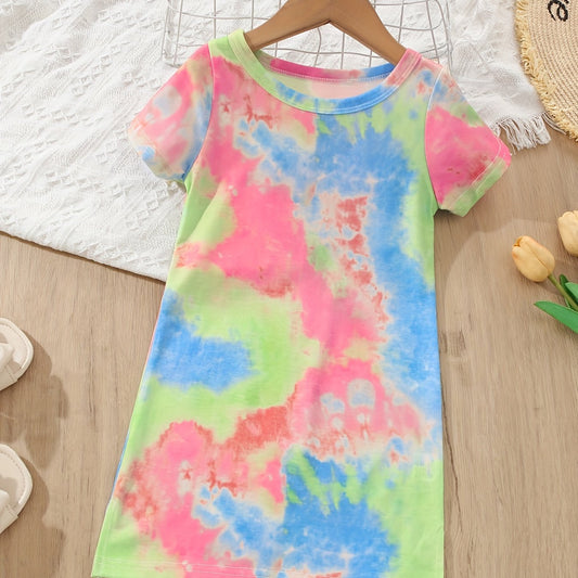 Girls Tie Dye Stretch Dress Short Sleeve Kids Summer Clothes
