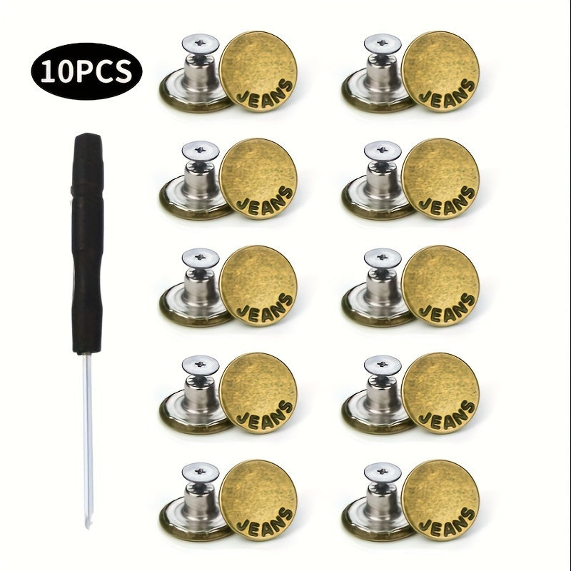 10pcs No Sewing Metal Jeans Buttons Kit 17mm Nailless Removable Jean Buttons