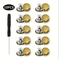 10pcs No Sewing Metal Jeans Buttons Kit 17mm Nailless Removable Jean Buttons