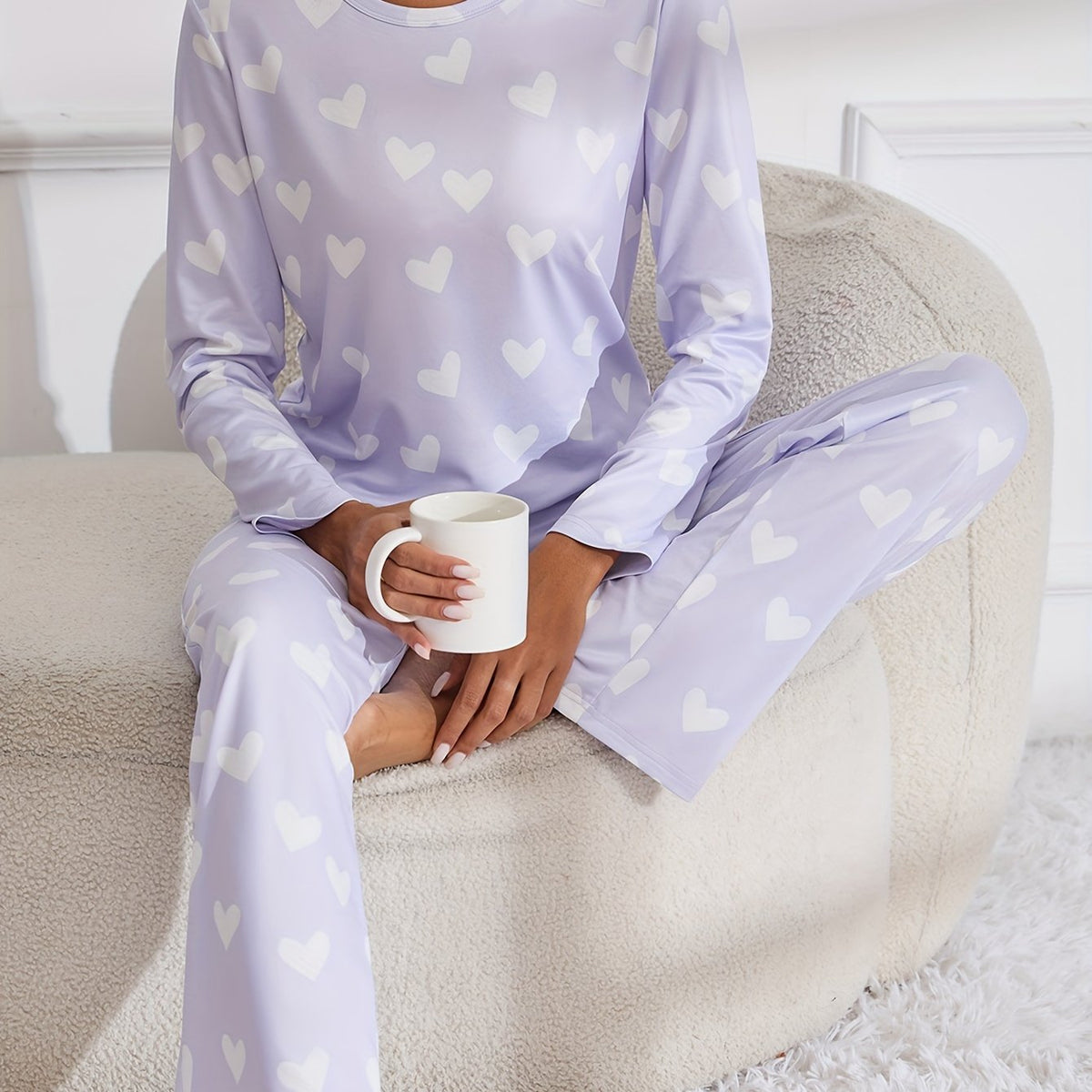 Heart Print Pajama Set Long Sleeve Top & Pants Women's Sleepwear