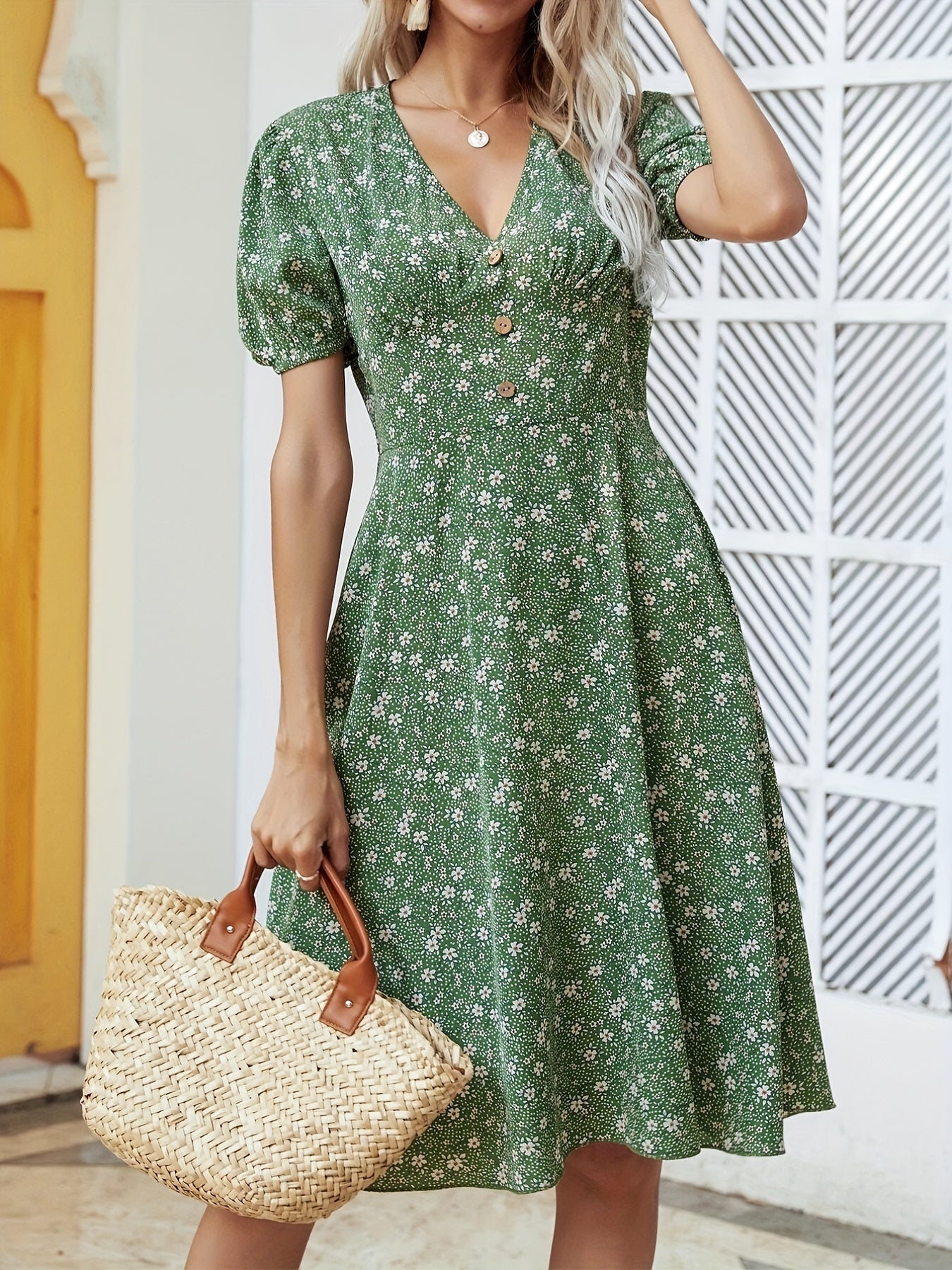 Floral Print Button V Neck Dress