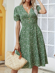 Floral Print Button V Neck Dress