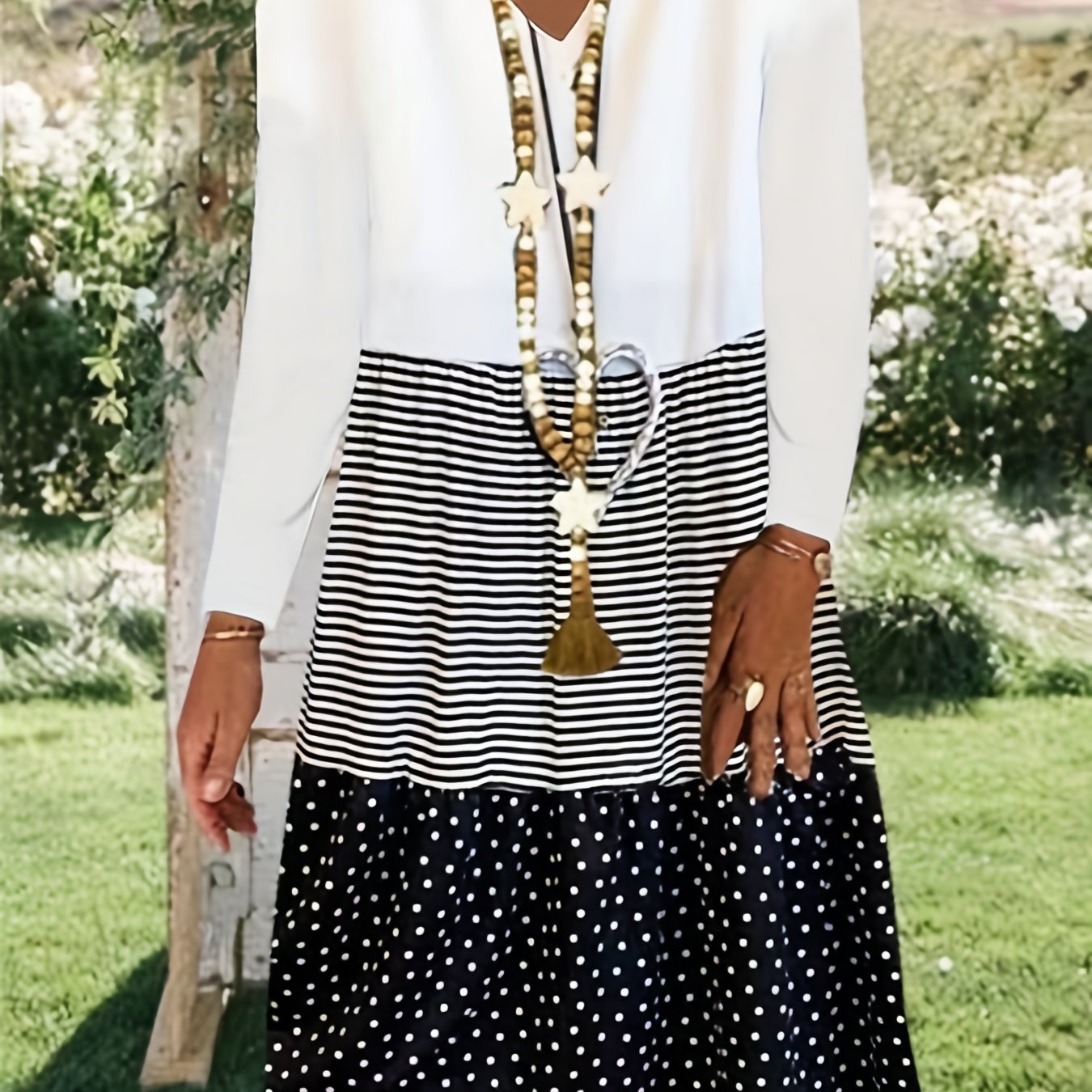 Women's Plus Stripe & Polka Dot Print V-Neck Long Sleeve Dress