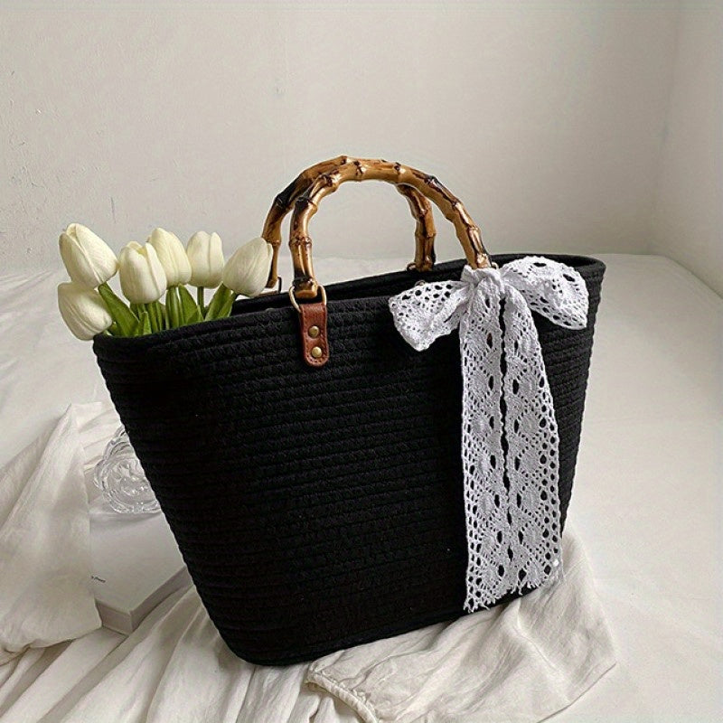 Straw Large Capacity Handbag with Lace Ribbon - Beach Bag