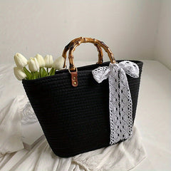 Straw Large Capacity Handbag with Lace Ribbon - Beach Bag