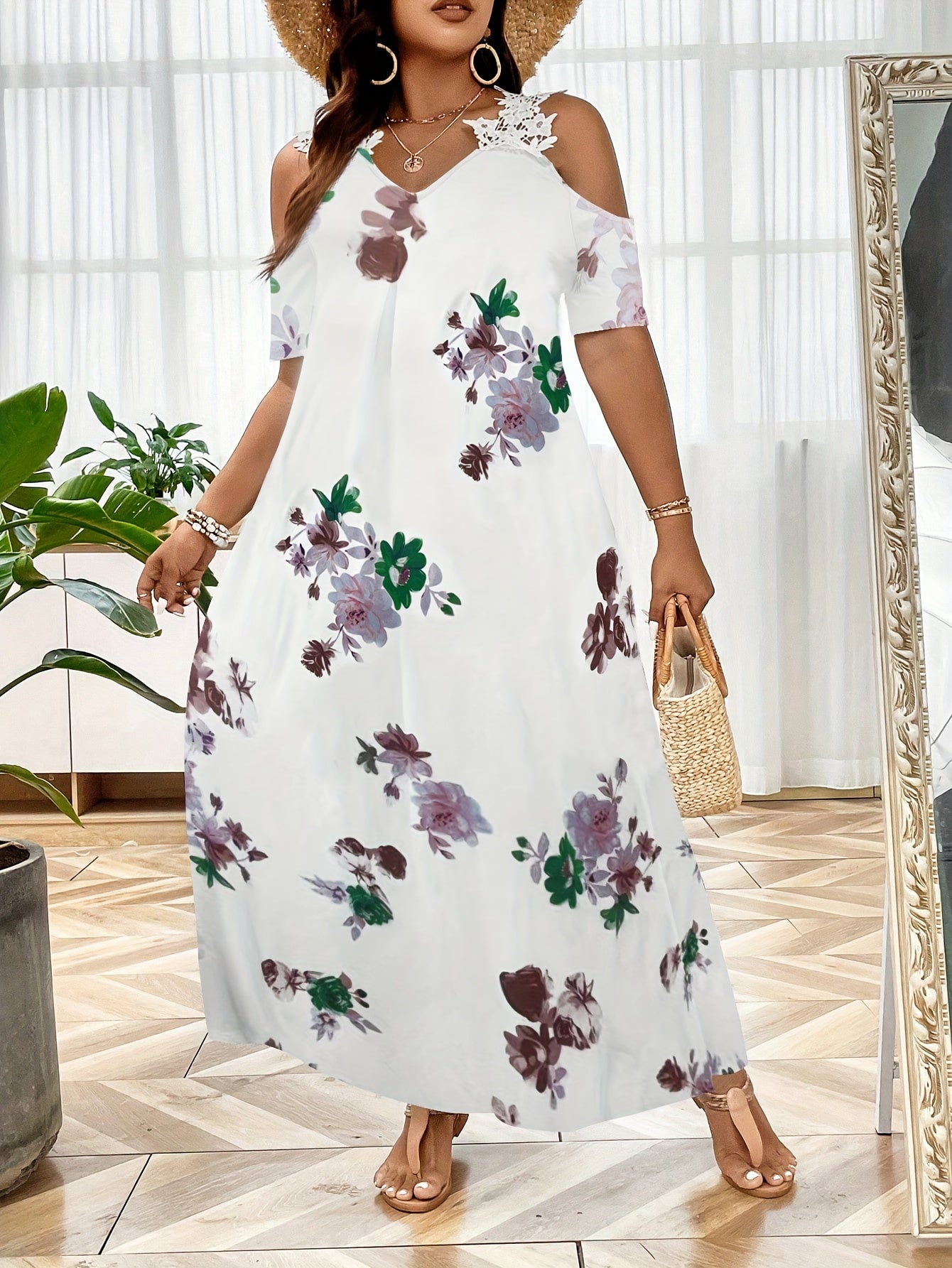 Women's Floral Print Lace Maxi Dress