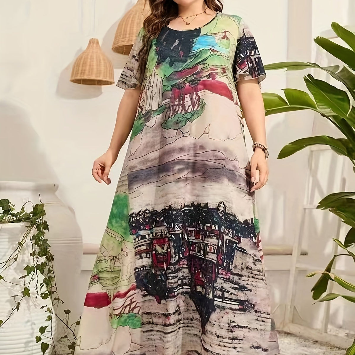  Landscape Print Maxi Dress