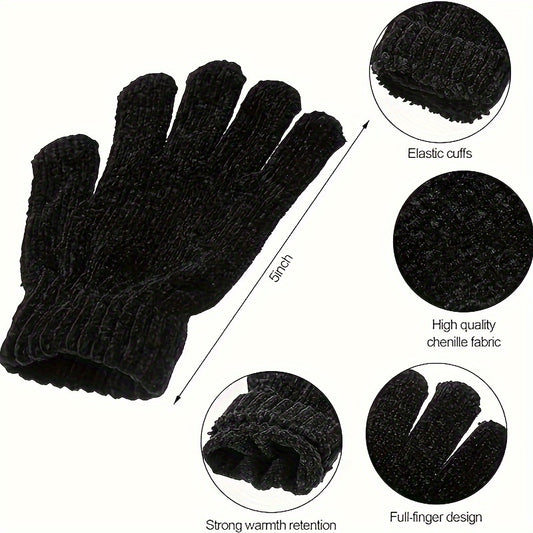 6 Pairs Winter Chenille Gloves for Kids Gray Red Dark Cozy Warm Stretchy