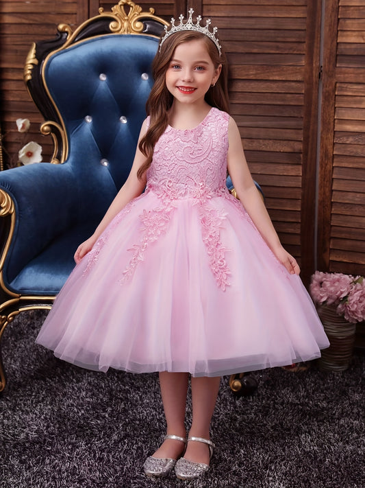 Girls Sleeveless Puffy Princess Dress Flowers Embroidery Tulle Tutu Dress