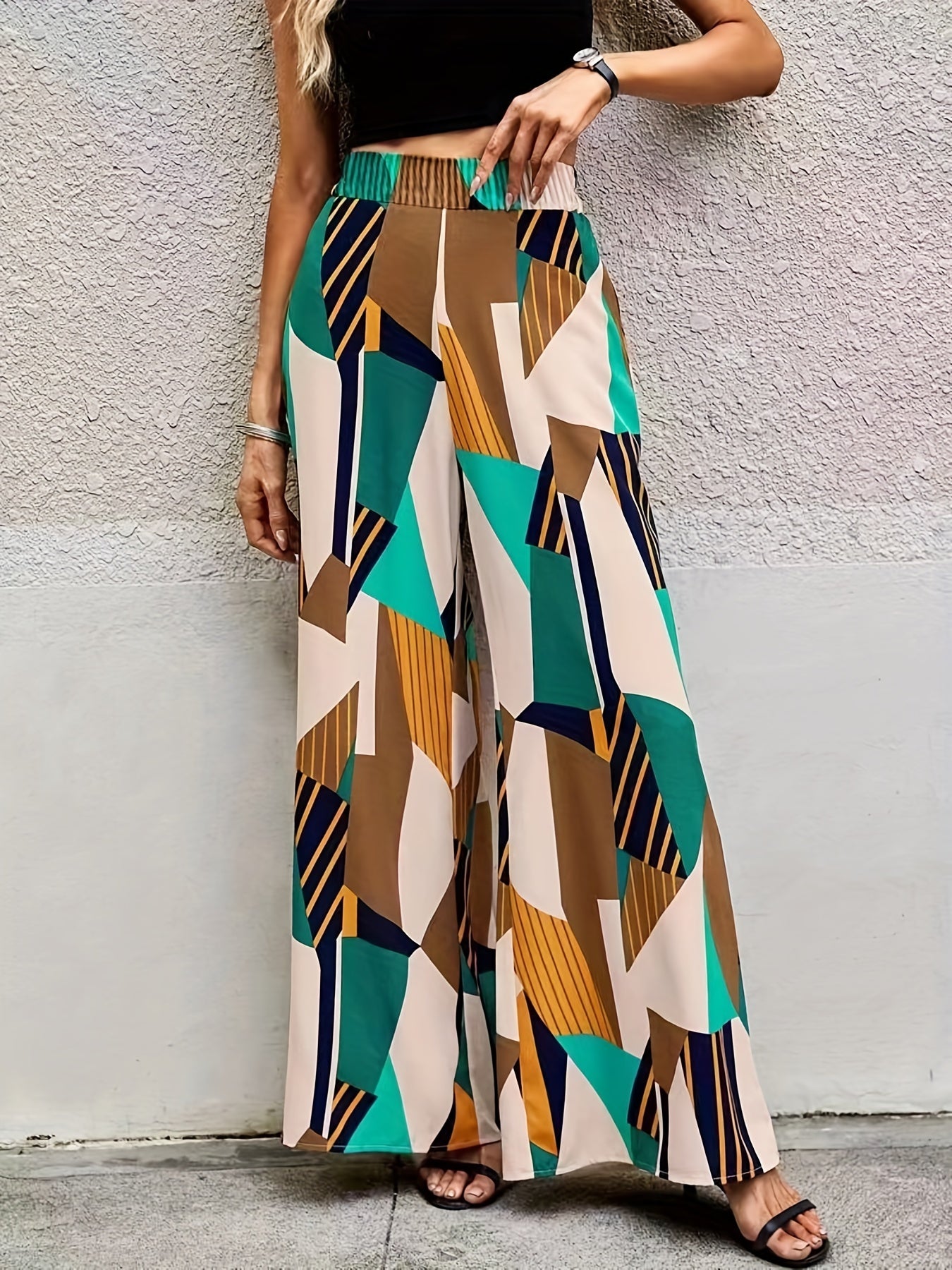 Colorblock Geometric Print Wide Leg Pants